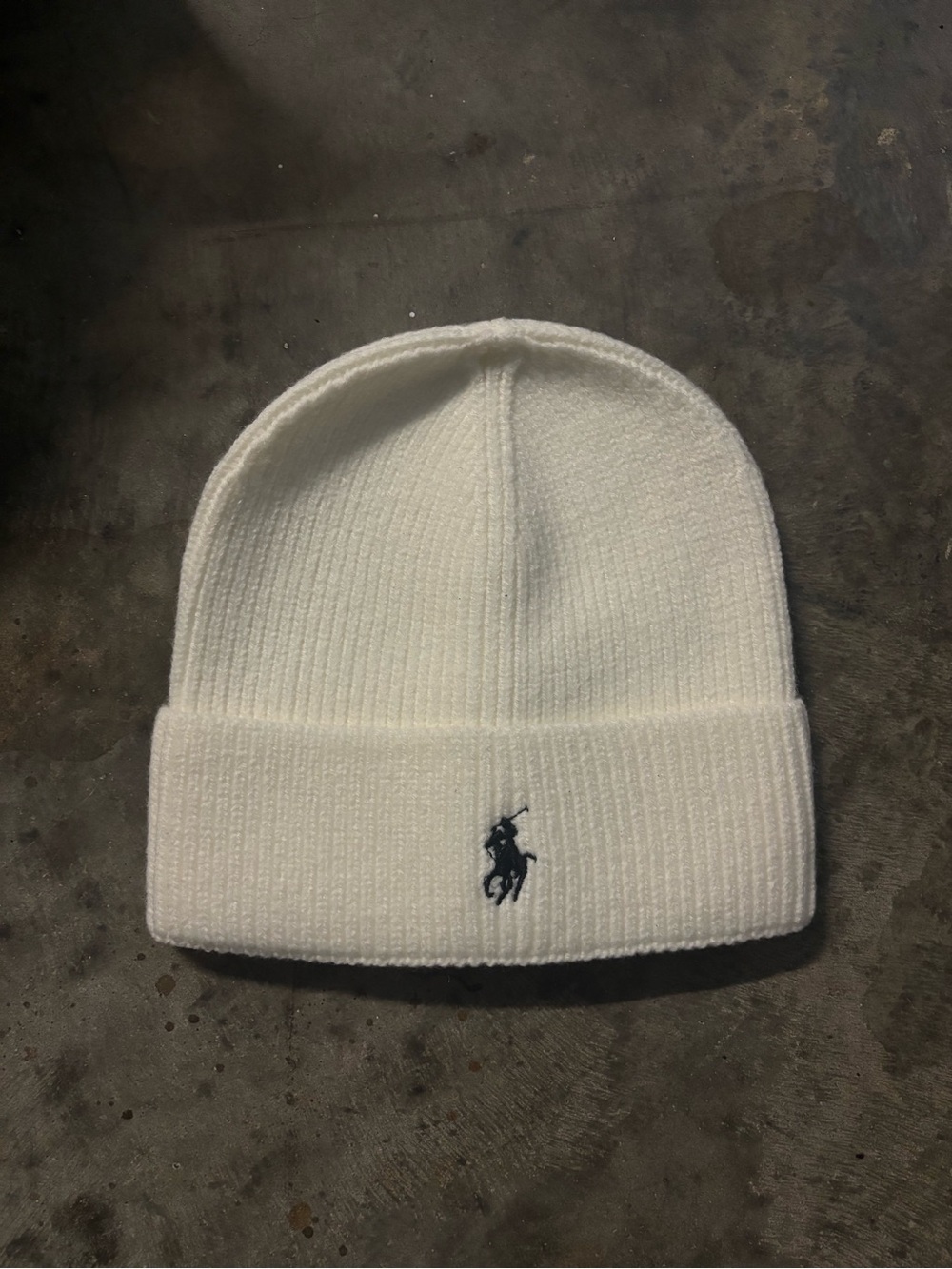 Ralph Lauren White Knit Cuffed Beanie with Navy Polo Logo